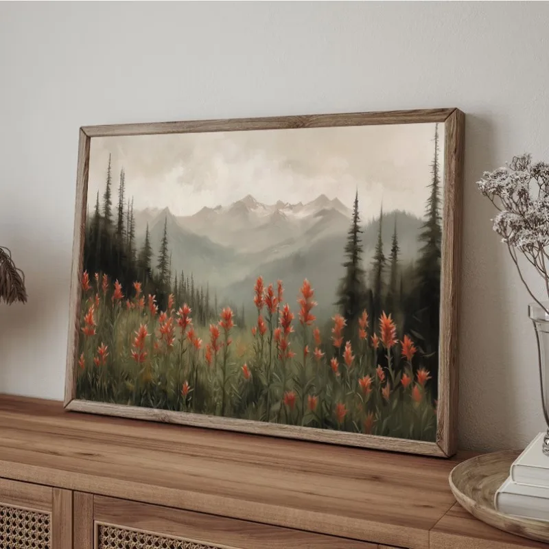 Vintage Landscape Wildflower Indian Paintbrush Misty Mountain Pine Tree Forest Poster Canvas Painting Wall Pictures Home Decor
