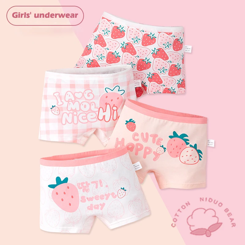 4pcs Girls Underwear Little Girl Boxer Shorts 5-14 Year Old Student Cartoon Underwear Cotton Strawberry Children Underwear