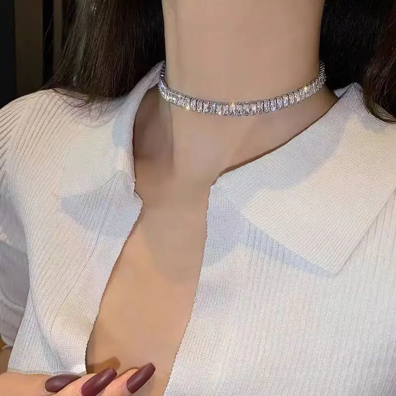 Korean Style Shiny Zircon Charm Necklaces For Women White Luxury Choker Link Chain Girls Neck Jewelry Accessory Gifts