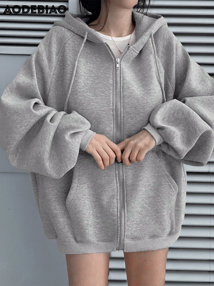 

AODEBIAO Women Hooded Grey Hoodie Autumn Winter Long Sleeves Fashion Solid Hoodie Casual Streetwear New Loose Long Hoodie Women
