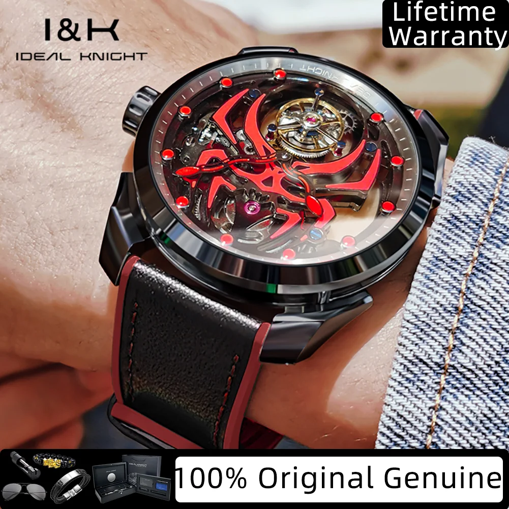 IDEAL KNIGHT Real Tourbillon Man Watch High-Grade Hollowed Luminous Spider Pattern Top Luxury Men's Mechanical Wristwatches 6802