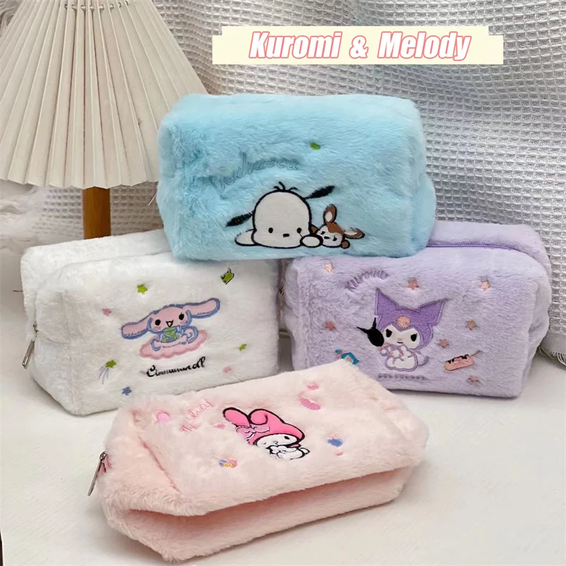 Sanrio Kuromi Melody Makeup Bag Plush Cosmetic Bag Kuromi Melody Makeup Travel Storage Bags Soft Stuffed Toy Girls Christmas New