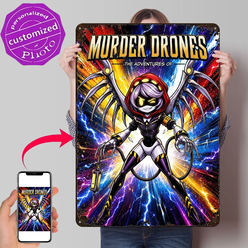 Murder Drones V Anime 3D Printed Texture Poster Personalized Wall Art Retro Metal Tin Signs for Room Decorations Man Cave Decor