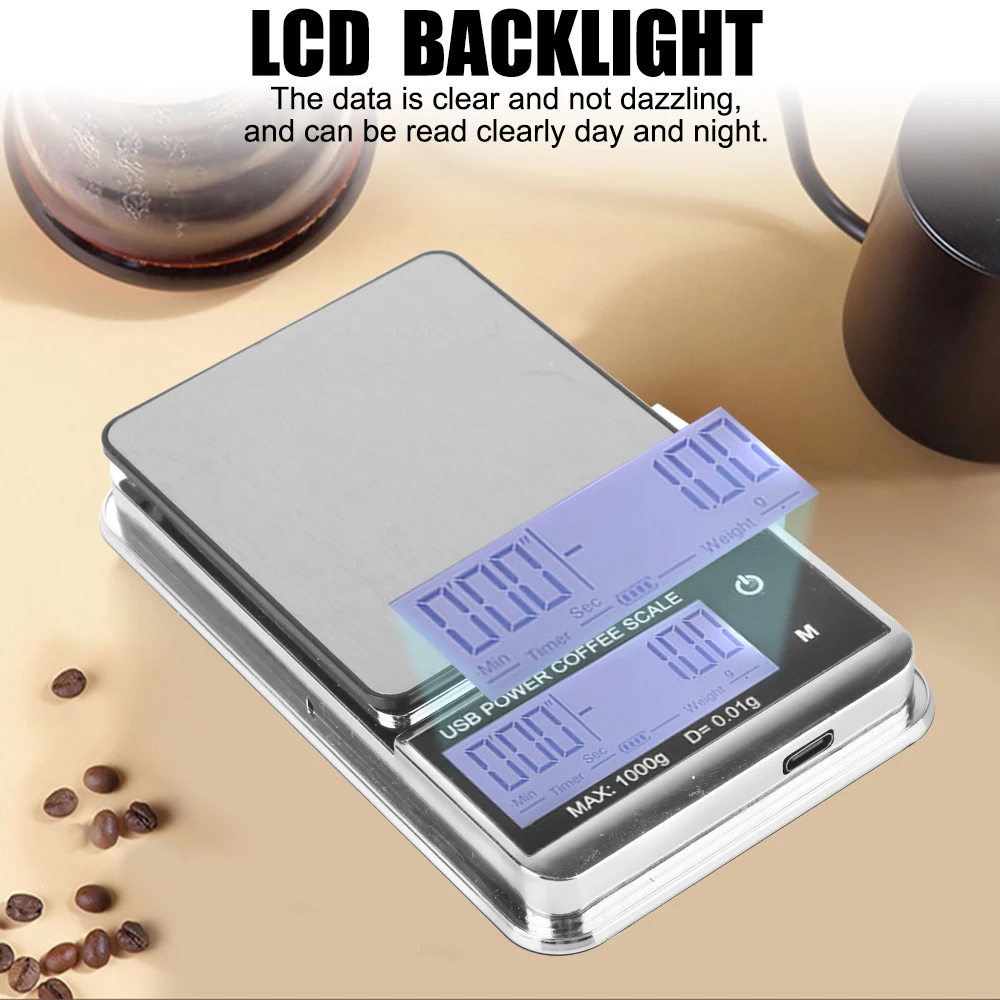 Mini Pocket Scale Electronic Scale High Precision Cyclic Rechargeable Digital Kitchen Coffee Scale 1000g/0.01g Auto Timer