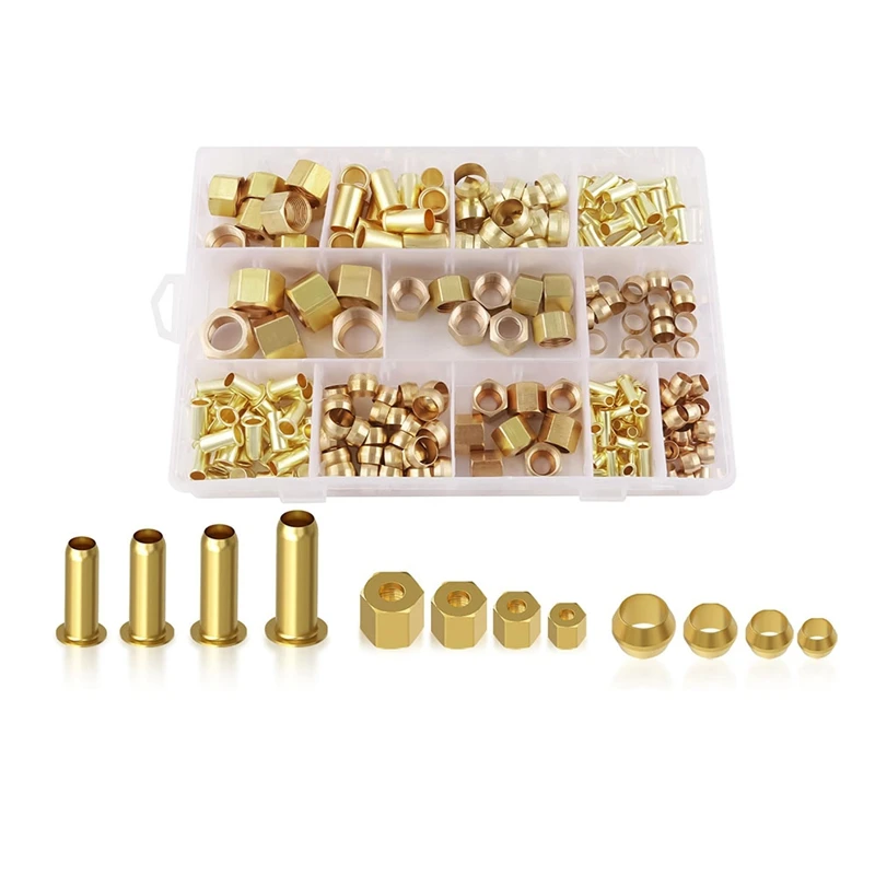 

220PCS Compression Fittings Assortment Kit - 4 Sizes (1/4In, 3/8In, 5/16In, 1/2In) Of Brass Compression Sleeve Ferrule