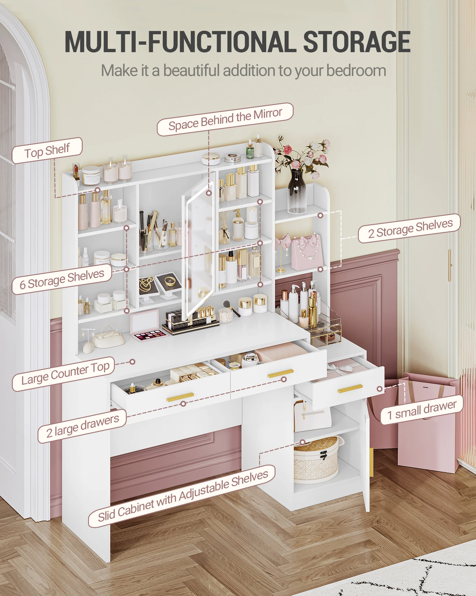 طاولة تزيين هزوانري مع مرآة، وإضاءة LED قابلة للتعديل، و3 أدراج وخزانة واحدة، وأرفف مفتوحة متعددة المستويات