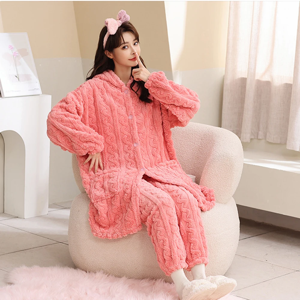 Winter Jacquard Flannel Pajamas Sets Women Pyjamas Solid Hooded Nightgown With Pants Suit Pijama Mujer Nightdress Suits Homewear