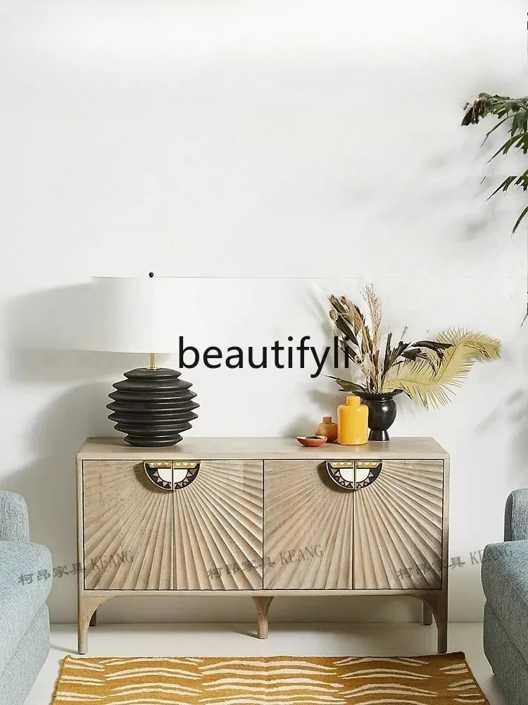 Nordic Retro Light Luxury Style Entryway Cabinet Carved American Country Style Solid Wood Sideboard Southeast Asia