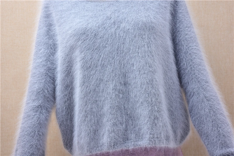 Ladies Women Autumn Winter Crop Top Grey Hairy Angora Rabbit Hair Knitted Fur Sleeves O-Neck Loose Pullover Sweater Jumper Pull view 4