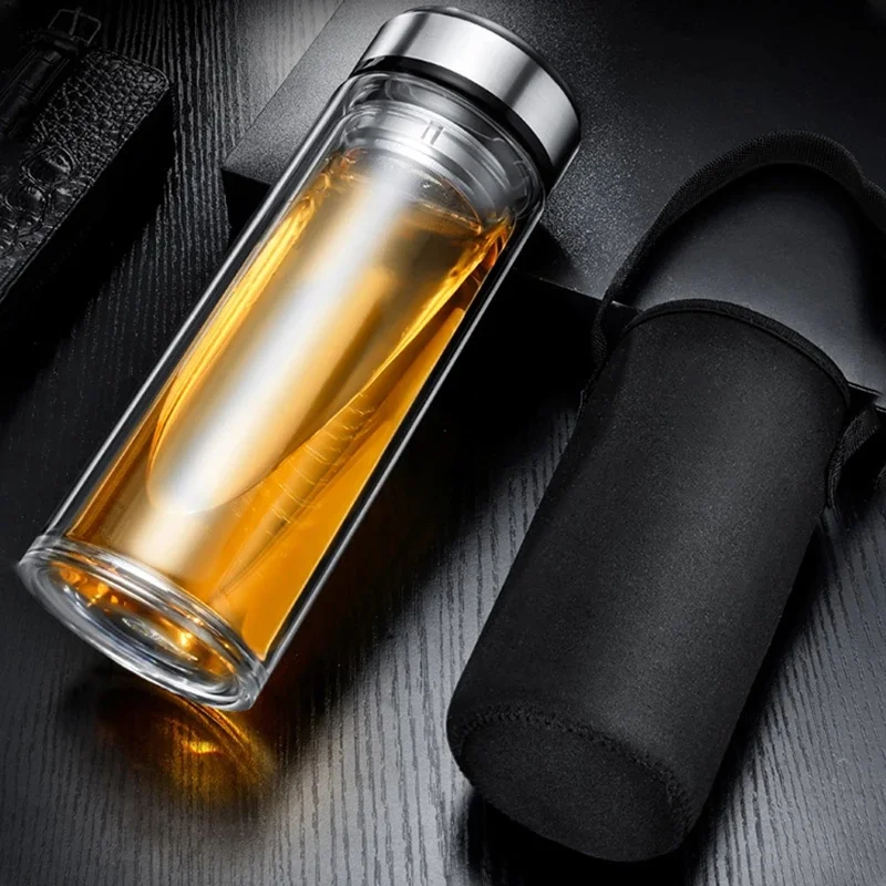 Leakproof Glass Tea Bottles With Infuser Stainless Steel Double Walled Bottle Portable Travel Drinking Lemon Water Cup