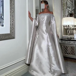 Dubai Silver Special Occasion Dresses Satin beads Pearl Sequined Bespoke Occasion Gown A-line Off-the-shoulder Long Dresses