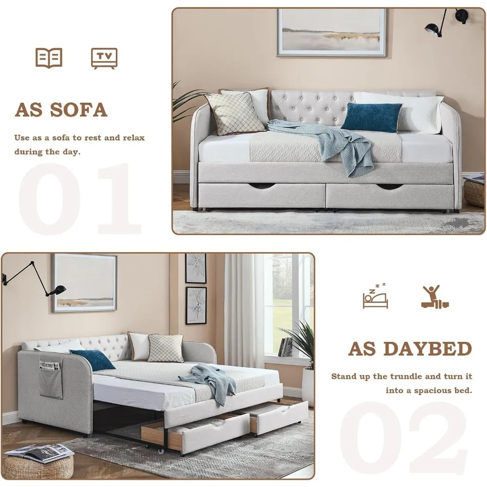 سرير نهاري مزدوج الحجم مع دولاب، أريكة منجدة ممتدة من الكتان مع درجين للتخزين، إطار سرير نهاري من الخشب معنقدة بزر