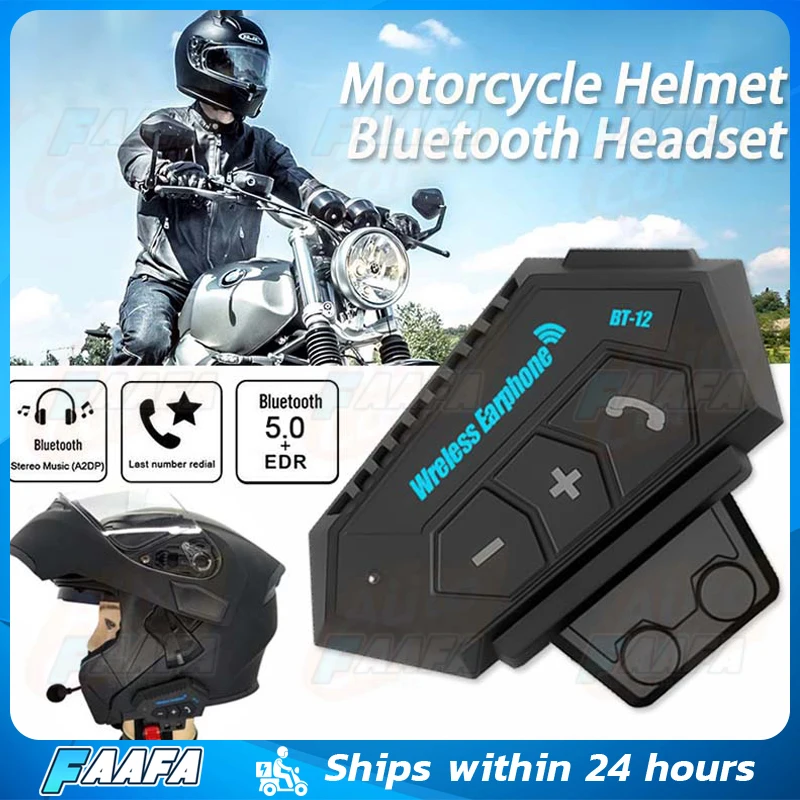 BT12 Bluetooth 5.0 Motorcycle Helmet Headset Waterproof with High-Capacity Battery No Intercom Bass Sound Motorbike