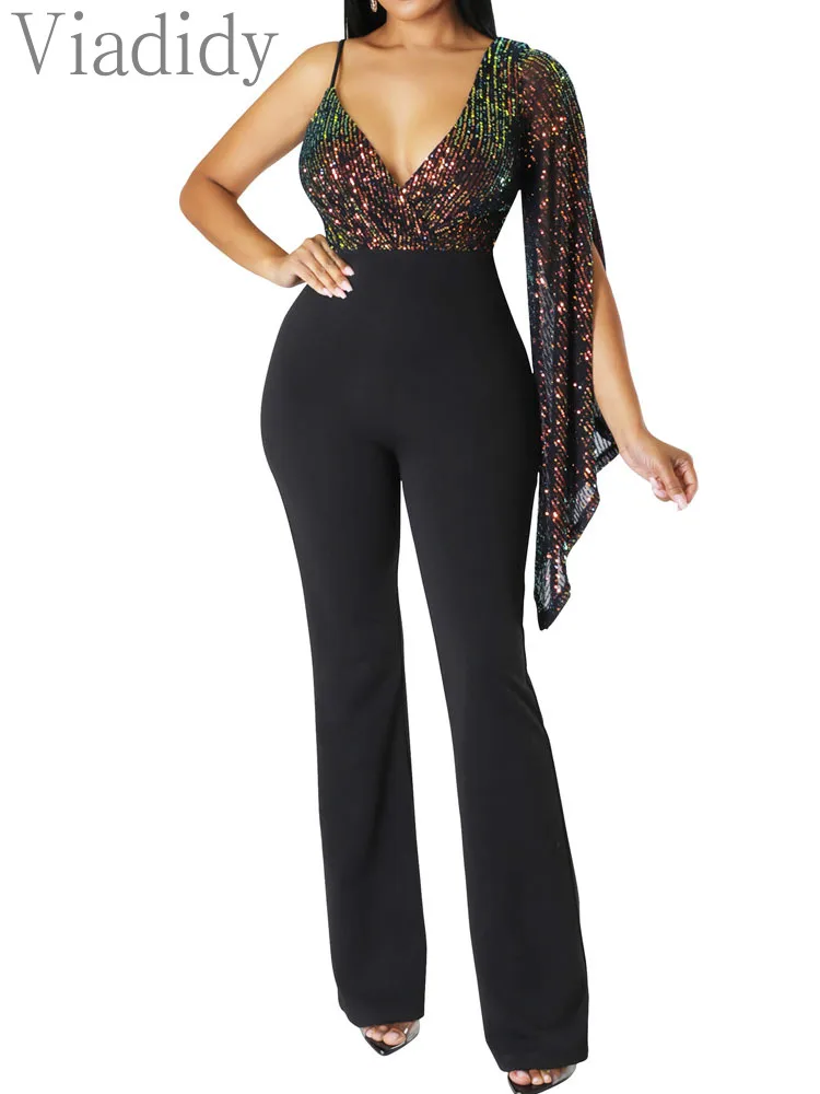 

Sequined V-Neck One Shoulder Long Sleeve Straight Jumpsuit