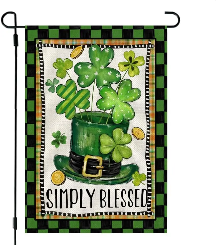 St Patricks Day Simply Blessed Garden Flag 12x18 Inch Double Sided for Outside Small Burlap Green Shamrocks Yard Flag