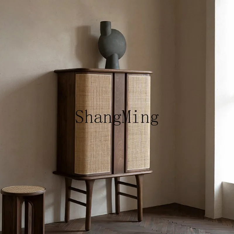 

FG black walnut rattan wine cabinet living room large capacity storage retro dining side cabinet