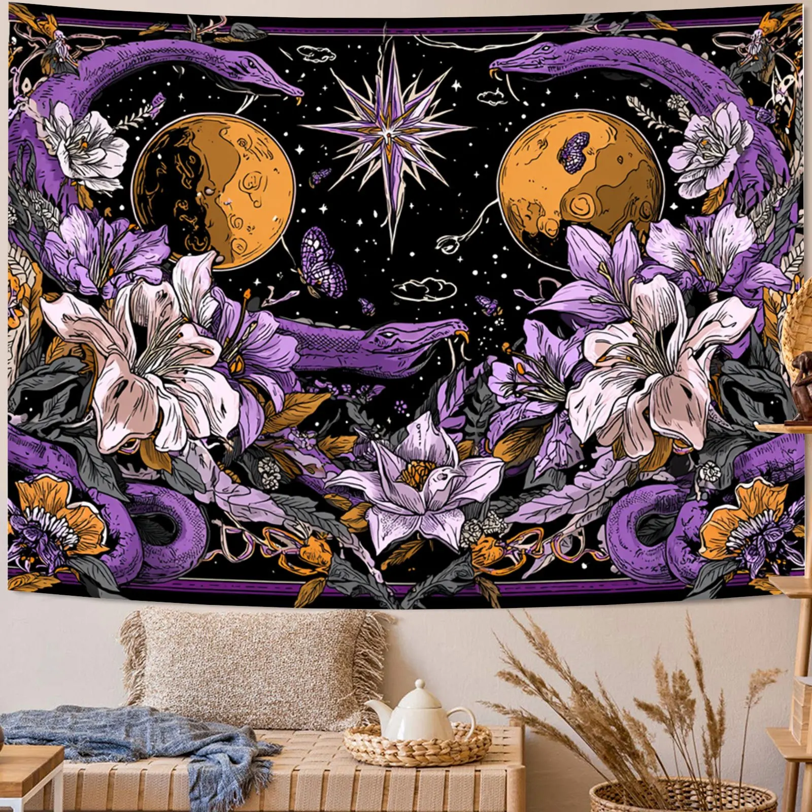 Gothic Bohemian Celestial Floral Tapestry Wall Hanging Polyester Bohemian Goddess Boho Decor Mystical Galaxy Art for Living Room