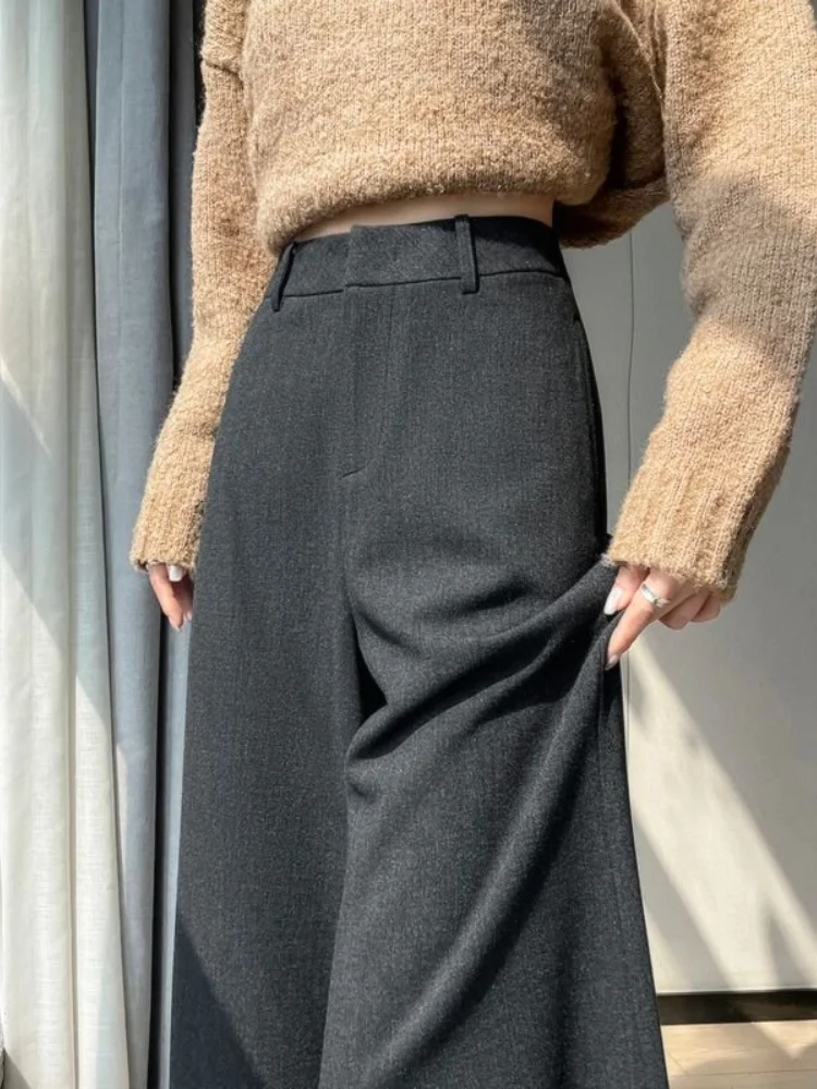 

ay Fce Lined Thiened Wool Wide Leg Pants Women's Spring Autumn High Waist Straight Cut Trousers Floor Length Suit Pants