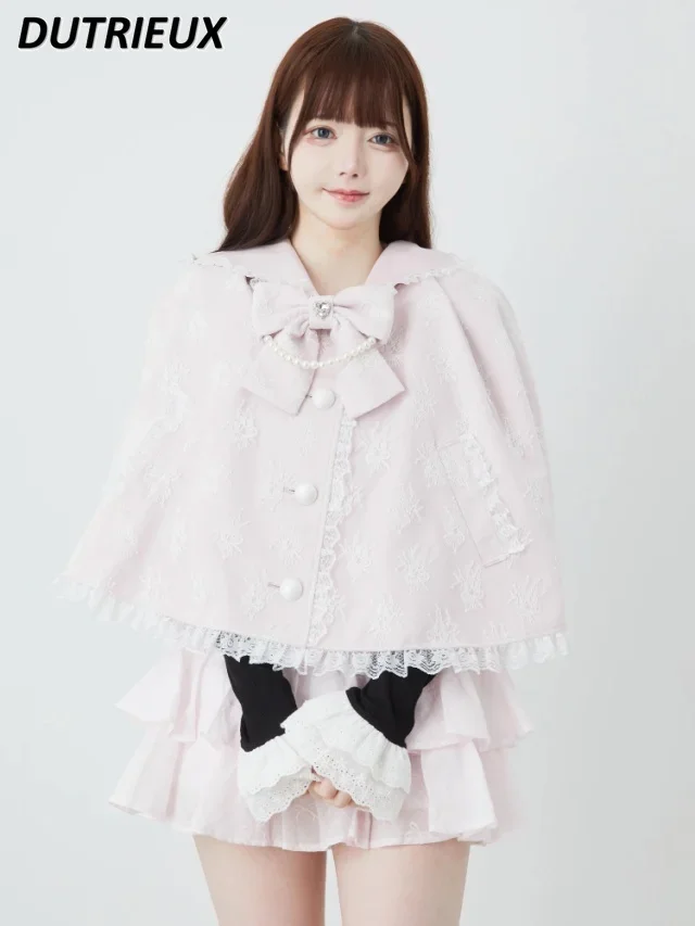 

2025 Spring Autumn Sweet Cute Girls Pearl Chain Lace Cape Jacket Mass- produced Shawl Short Coat Big Bow Single Breasted Clothes