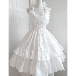 Girls 2024 Summer Classic Elegant Lolita Vintage Japanese Soft Girl Ruffles Drawstring Waistband Fashion Solid Color Drop Dress