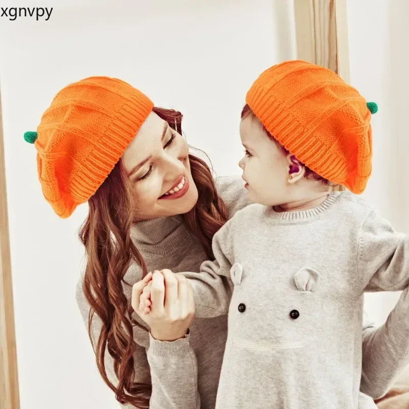 xgnvpy Pumpkin Beret Hat Autumn Winter Warm Knit 2024 Halloween Thanksgiving Parent-Child Belle Hat Christmas Party Accessory