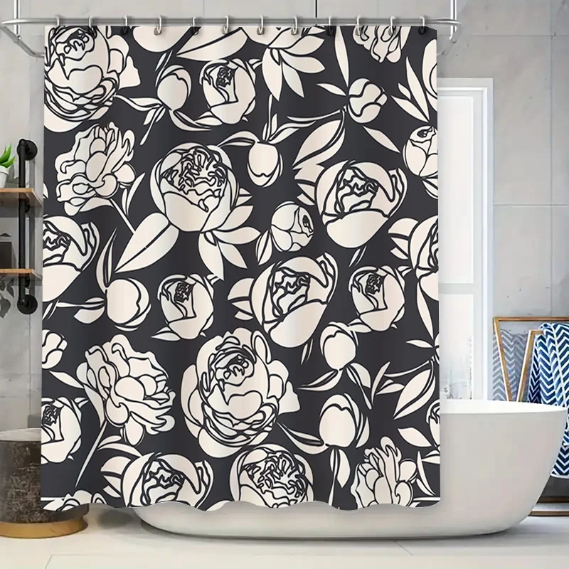 

White Black Shower Curtain with Flowers Waterproof Bath Decor Home Decoration Bathroom Tiles Curtains Bathtub Liner Extra Large