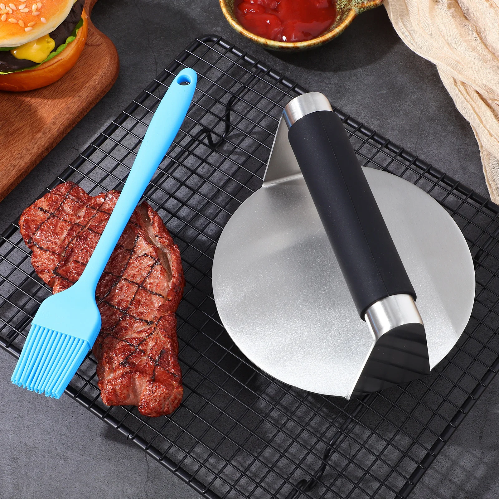 

Stainless Steel Burger Hamburger Tool Meat Oil Brush Grill Steak Cooking Manual Maker Griddle Press Hamburger Press For Griddle