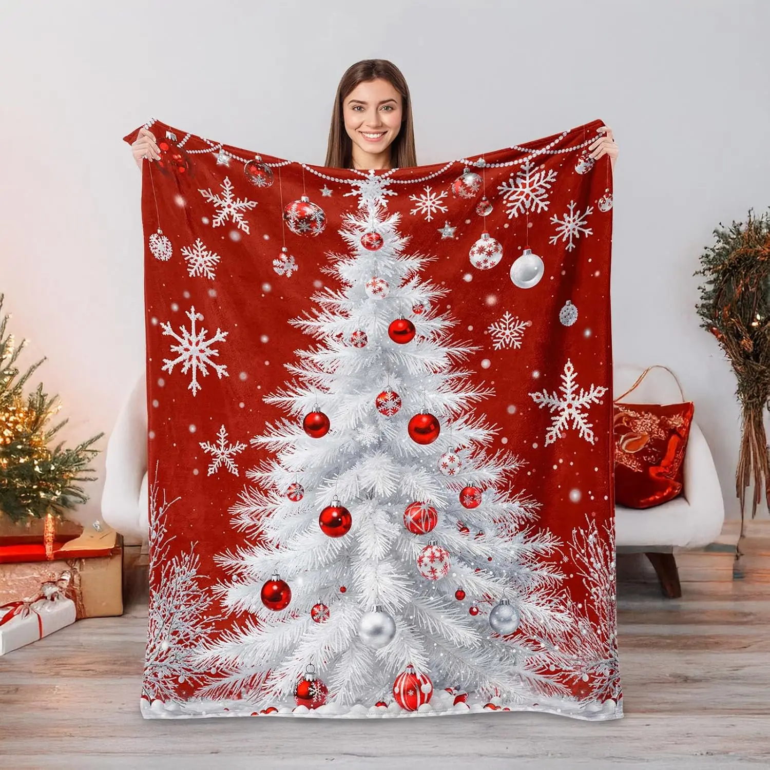 Red Christmas Throw Blanket, White Christmas Abies Tree and Snowflake Design Soft Fuzzy Cozy Flannel Blanket Gift for Family and
