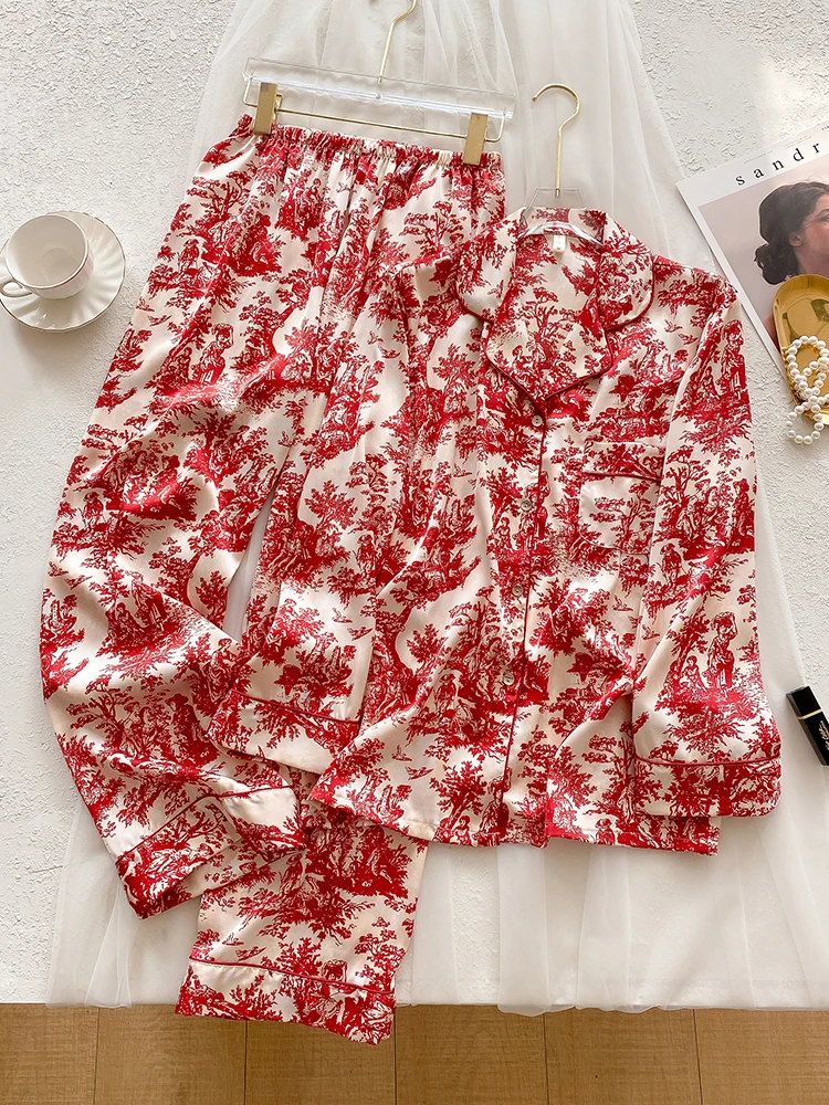 

New Red Sleepwear Long Sleeve Thin 100% Mulberry Silk Luxury Home Furnishing Set