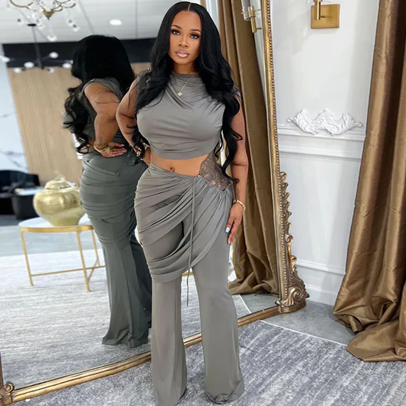 

Doyerl 2 Piece Set Woman Clothing Club Wear Party Sleeveless Crop Top and Ruched Flare Pants Matching Sets Conjuntos Elegantes