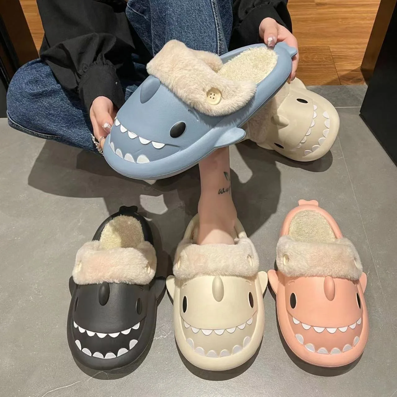 Shark Cotton Slippers Woman Waterproof Winter Indoor Non-slip Slides Plush Warm Couple Home Sandals Flat Shoe Shark Flip Flops