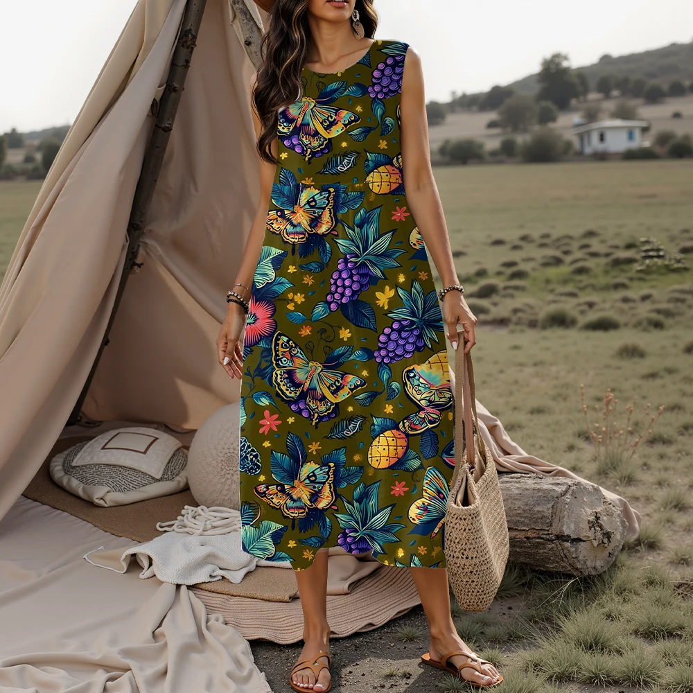 فستان نسائي جديد موديل 2025 بدون أكمام بنمط أوراق الزهور ملابس نسائية بدون أكمام تنورة طويلة