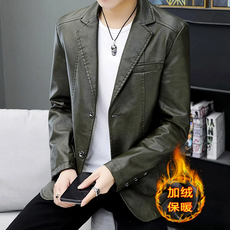 Casual Lapel PU Leather Jacket Men's Autumn and Winter New Solid Color Leather Jacket Slim Fit Fashion with Plush Warm Jacket