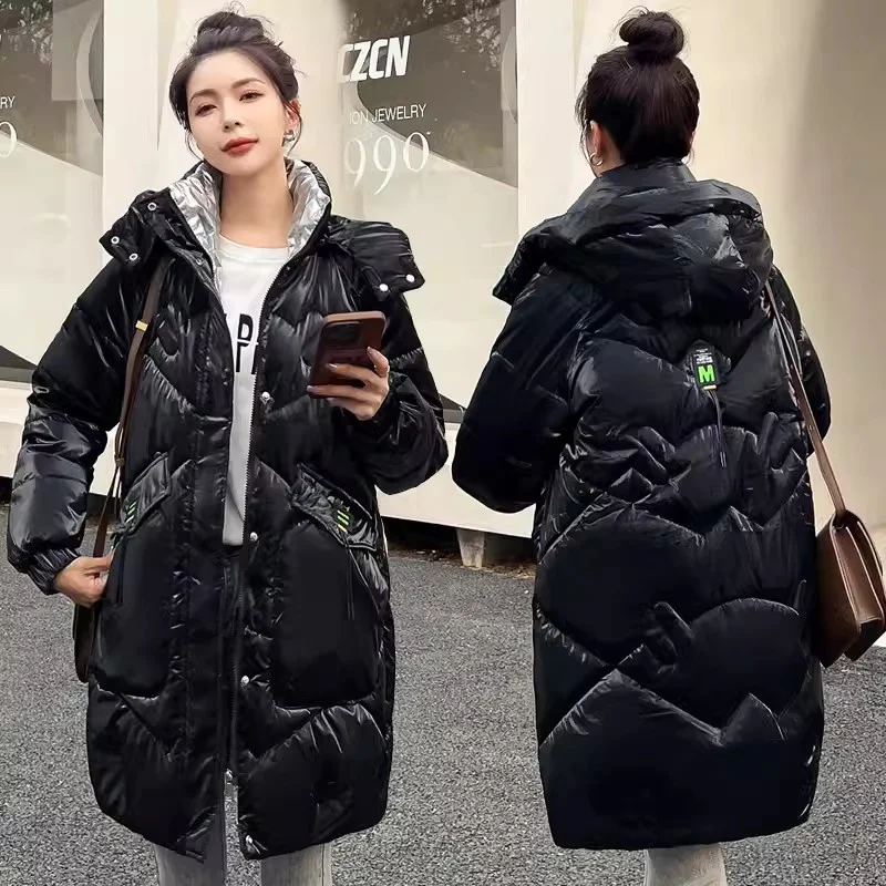 Bright Wash-free Down Cotton-padded Jacket Women\'s Long 2023 New Korean Version Loose Winter Hooded Cotton-padded Jacket Female