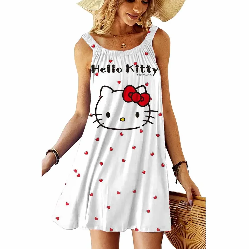 Letnia sukienka z nadrukiem Hello Kitty, seksowna sukienka damska z uroczym nadrukiem Hello Kitty, codzienna, dopasowana, bez rękawów, wygodna sukienka plażowa.
