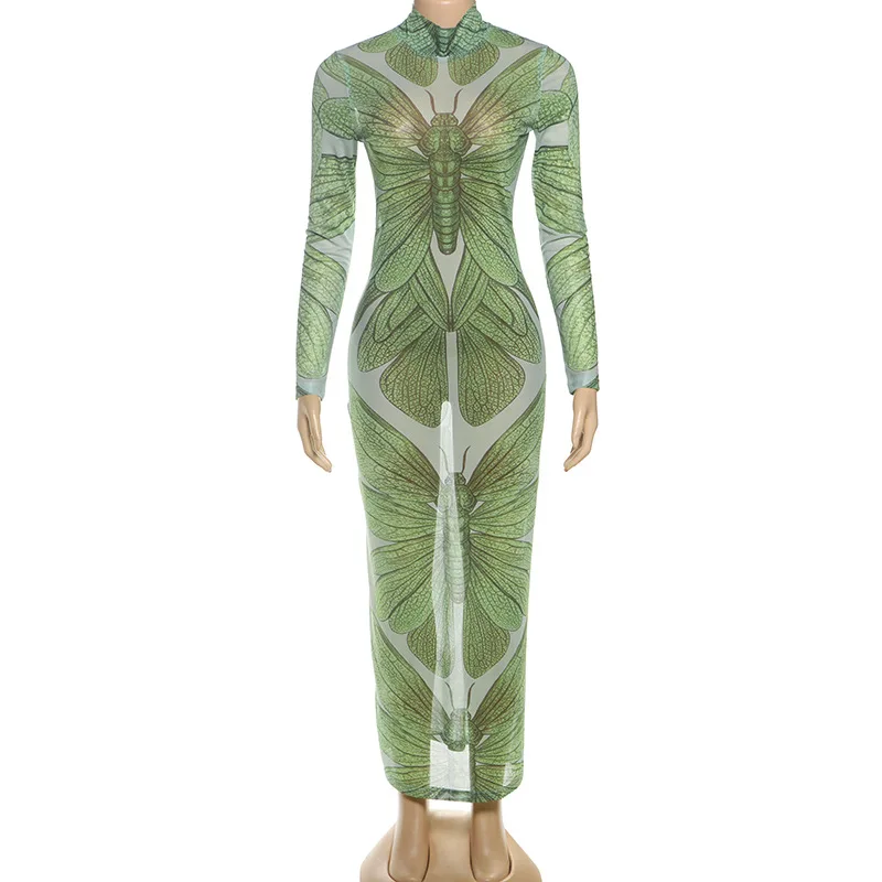 See Through Mesh Butterfly Print Maxi Dress Women Sexy Turtleneck Full Sleeve Bodycon Party Long Robe 2025 Autumn Clubwear