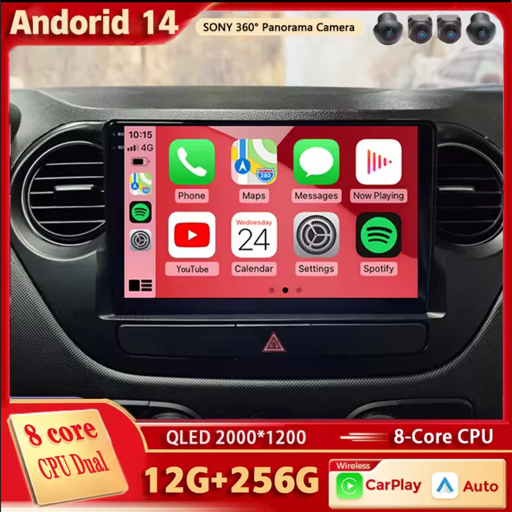 Android 14 For Hyundai i10 2 2013 -2018 LHD 2K QLED Stereo Car Radio Multimedia Video Player GPS AI Voice CarPlay 4G Navigation