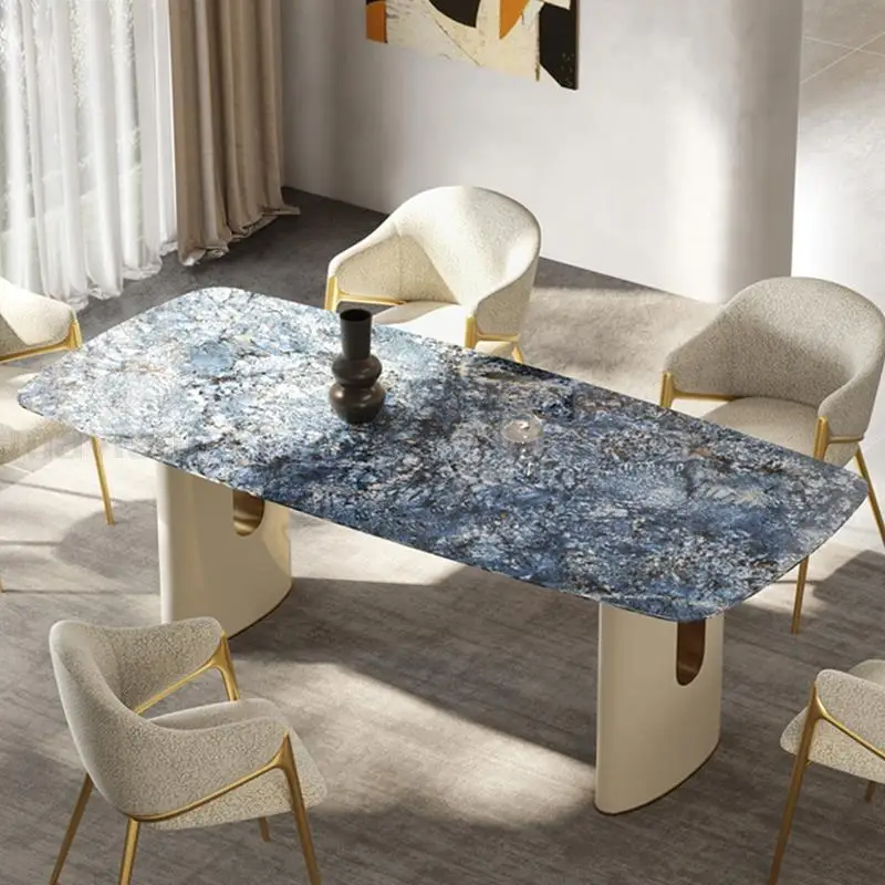 Italian Rectangle Dining Table Blue Texture Rock Panel Tabletop Stable Frame Corner Table Luxury Mesa Comedor Home Furniture