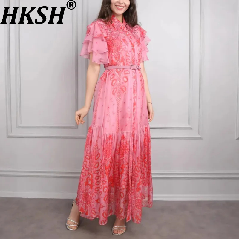 

HKSH Summer New Women Elegant Ins Fashion Casual Turn-down Collar Single Breasted Short Sleeve Printed Ruffles Long Dress HK7087