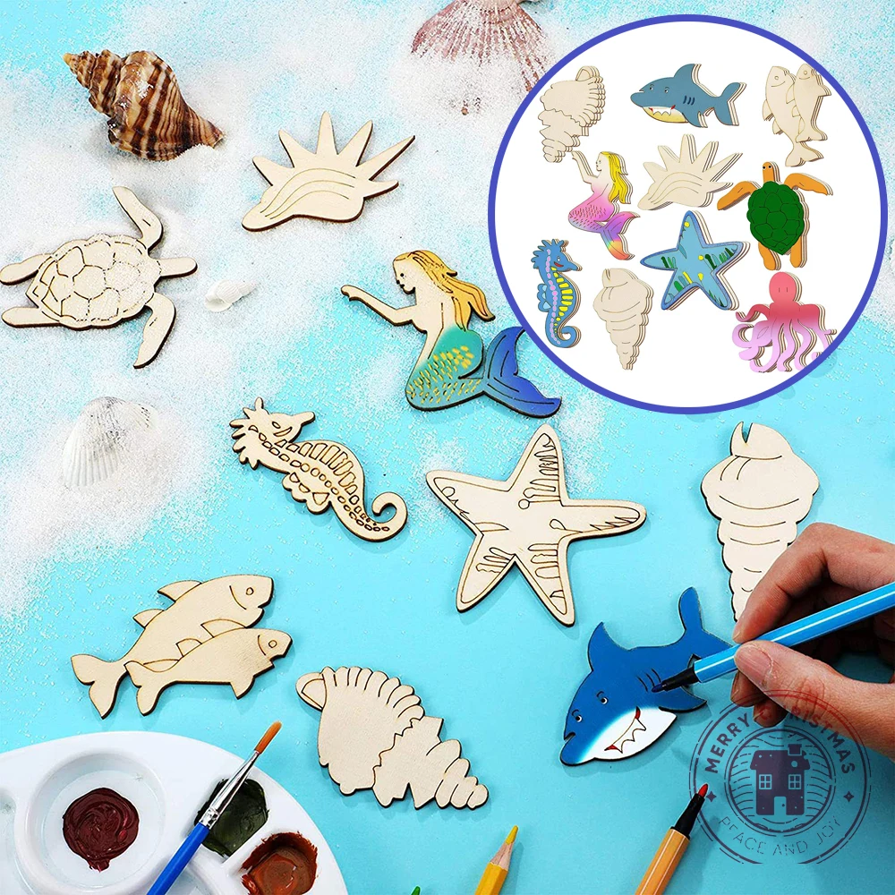 10pcs/Set Marine Animals Octopus Starfish Mermaid Turtle Wooden Children's Color Painting Wooden Crafts Party DIY Decoration