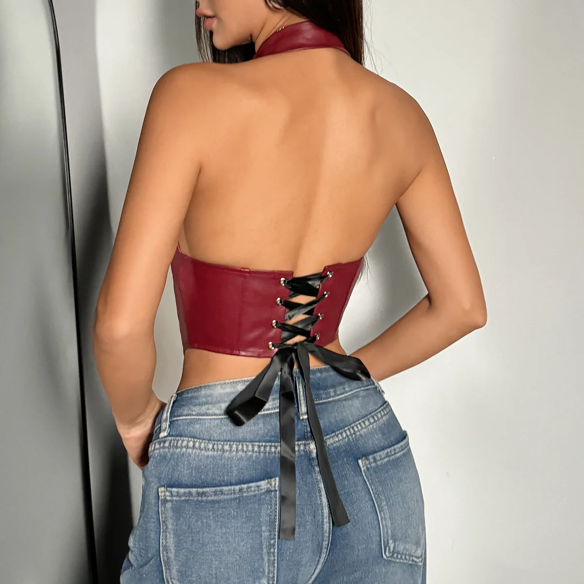 Women Lace-up Sleeveless Halter Cardigan Sexy Party Pu Leather Corset Bustier Tank Tops Summer Streetwear Lingerie Vest Camisole