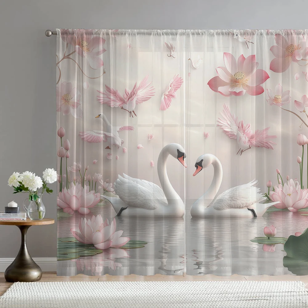 2Pcs Swan And Pink Lotus Print Home Decoration Window Screens Suitable for Coffee Shop, Restaurant, Bedroom