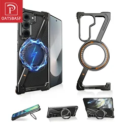 Oatsbasf for Samsung Galaxy Z Fold 6 5 W24 Metal Magnetic Phone Case with Magsafe Ring Stand Frameless Bumper Protective Cover