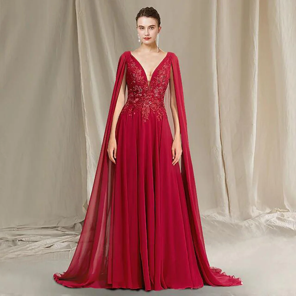 

Weilinsha A-Line Red Mother Of The Bride Dress 2022 Elegant V Neck Brush Train Chiffon Wedding Guest Gowns Pleats Appliques