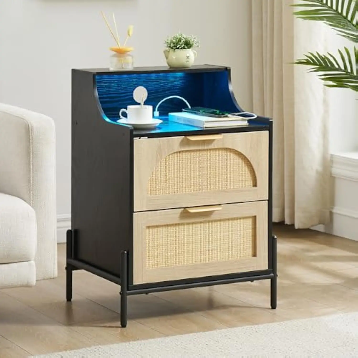 

Rattan Nightstand with Charging Station, Night Stand with 2 Drawers, Side Table with USB Ports and Outlets, End Table for Small