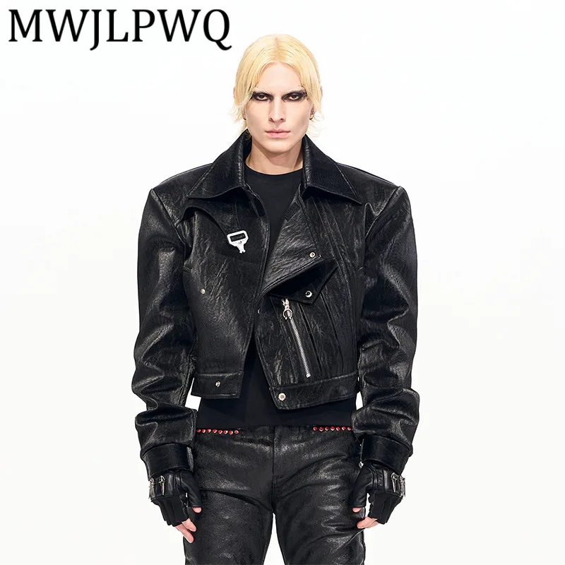 

MWJLPWQ Metal Buckle Structure Design Leopard Print Jacket Men's Hiphop Winter Stylish Short Padded Leather Coat Street 12781