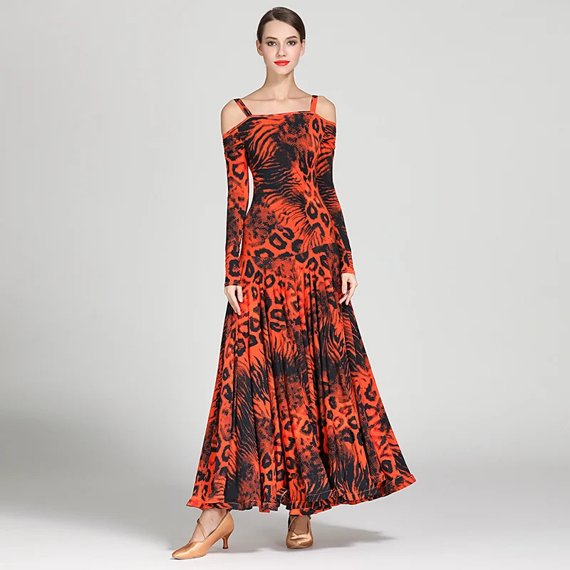 Dance Dresses Standard Competition Dresses Leopard Print Long Dress Red Practice Dancewear Yellow Spaghetti Straps Printed Blue
