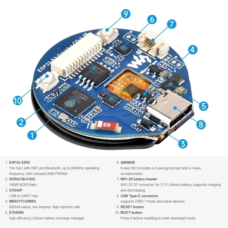 ESP32-S3 Development Board WiFi+Bluetooth 5.0 1.28 Inch Capacitive Touch Screen Round LCD Accelerometer Gyroscope Sensor