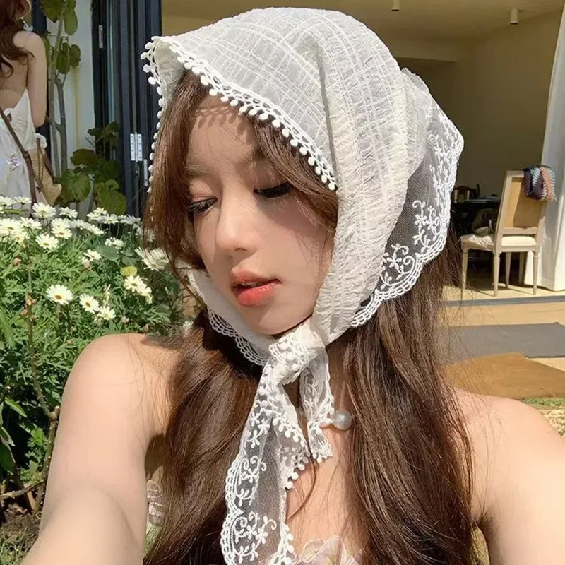 

Ретро сладкий французский стиль кружевной треугольный шарф вязаный платок в пасторальном стиле пляжный отдых фотографии аксессуары для волос