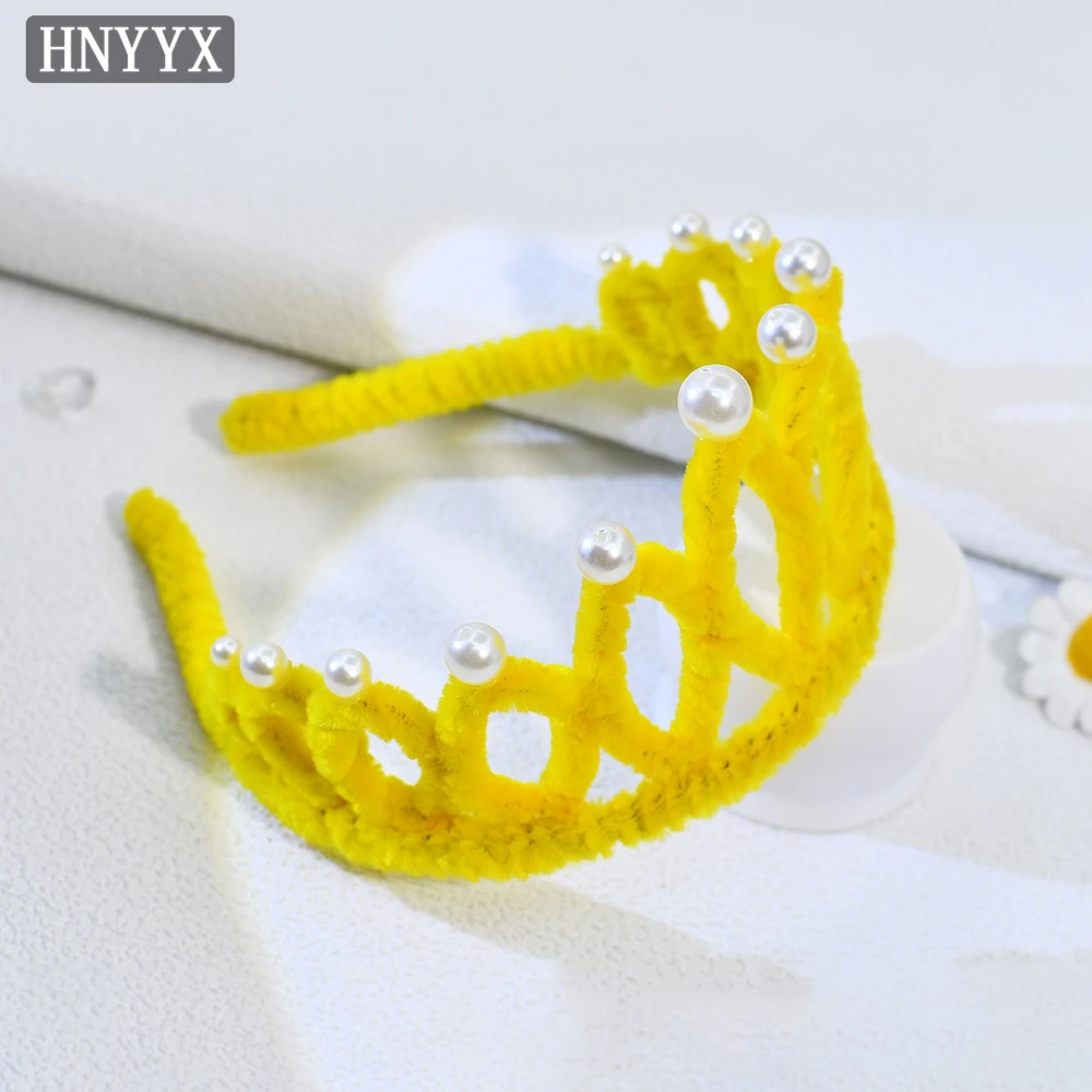 

HNYYX Bright Yellow Crown Headband Cartoon Twist Stick Tiara Headdress Cute Headdress With Pearl Halloween Hair Ornament A359
